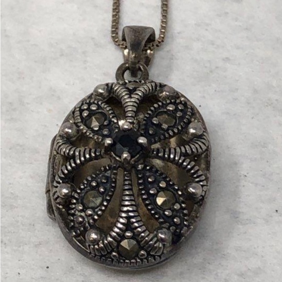 RJ Graziano onyx and marcasite locket - sterling silver 925 - vintage - Picture 1 of 5